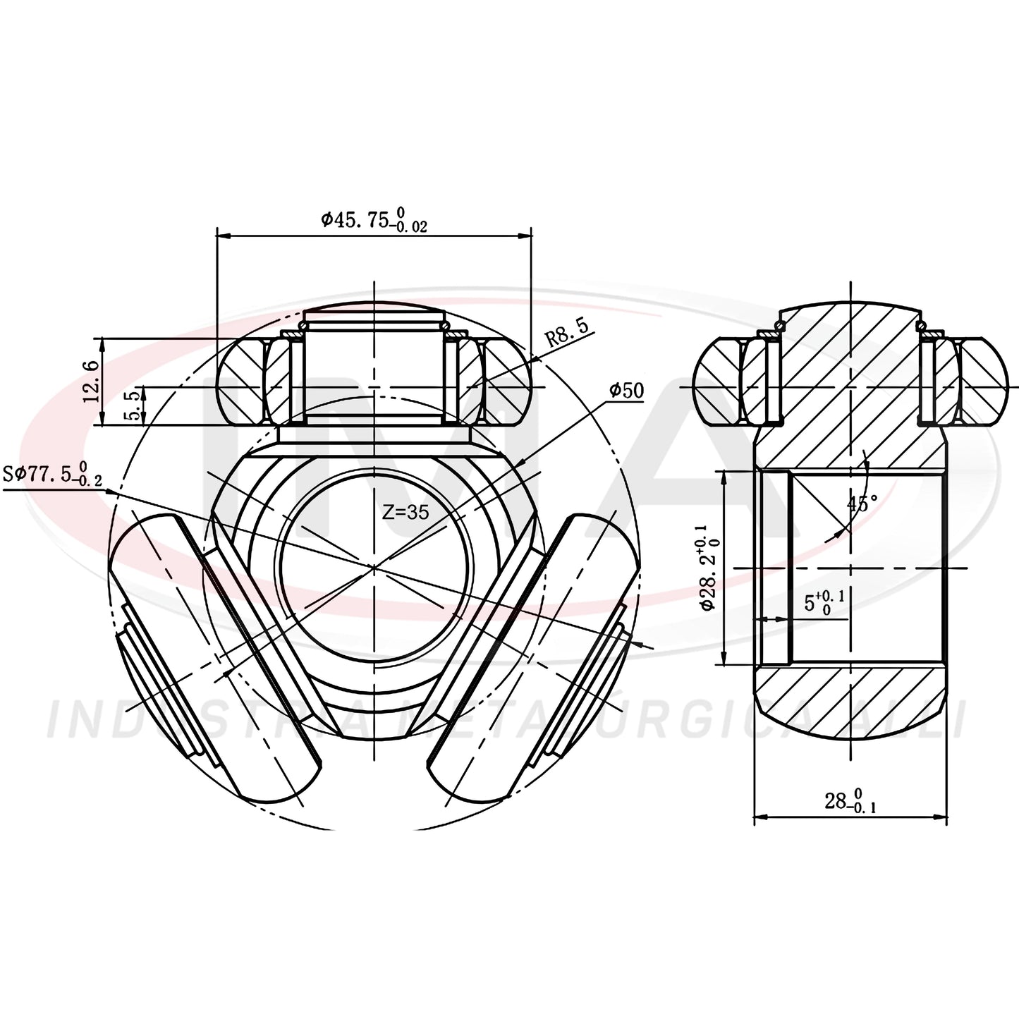 Tripod Joint (Trizeta) - 35 teeth - 45.70mm link